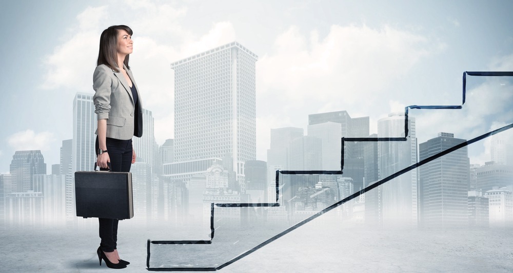 Business person in front of a staircase, city on the background-1-1-1