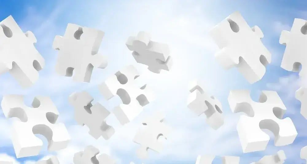 Illustration of puzzle pieces falling with the sky on the background